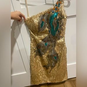 Nina Canacci hand beaded Peacock feather dress
